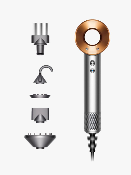 Dyson Supersonic with five accessories on gray background
