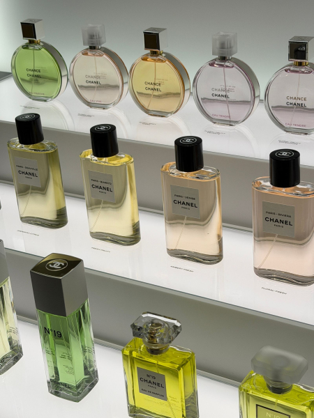 wall of perfumes at the Chanel store