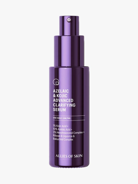 Allies of Skin Azelaic and Kojic Advanced Clarifying Serum in branded component on a light gray background